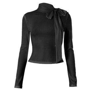 Hollow out bowknot self tie long sleeve solid cut out top