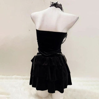 Lace hem halter u neck cross applique shrug mini skirt set