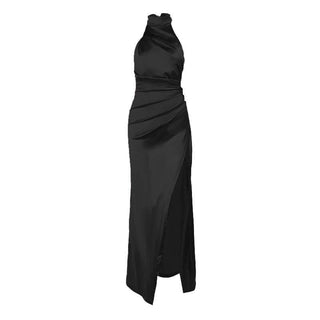 Ruched solid satin zip-up halter backless slit maxi dress