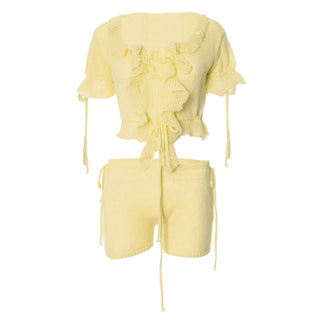 Short sleeve ruffle knitted drawstring ruched pant set