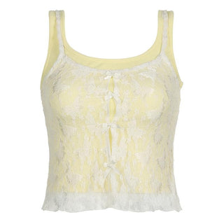 Lace bowknot hollow out u neck 2 piece tank cut out top