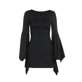 Ruched long flared sleeve v neck solid mini dress