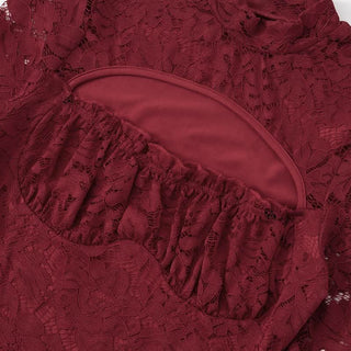 Long flared sleeve hollow out ruched lace cut out mini dress