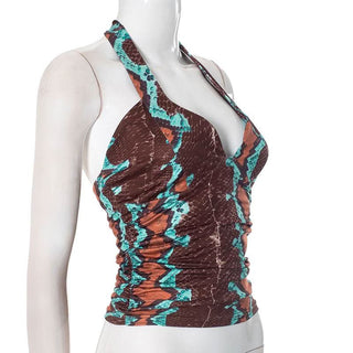 Ruched self tie halter v neck print contrast top