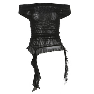 Off shoulder sheer mesh ruffle top