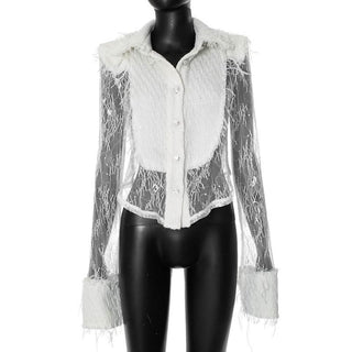 Turnover collar long sleeve lace button ruffle top