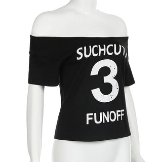 Short sleeve letter print off shoulder contrast top