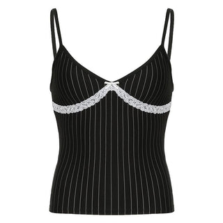Bowknot lace hem striped v neck cami top