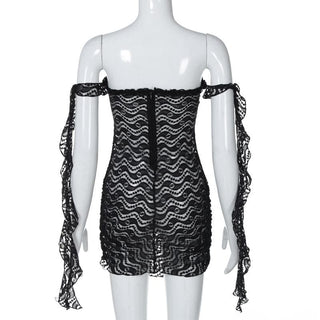 Off shoulder ruffle lace bowknot see through mini dress