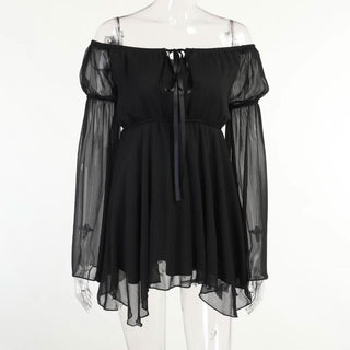 Off shoulder long flared self tie mini dress