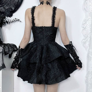 Ruffle zip-up cross applique square neck mini dress