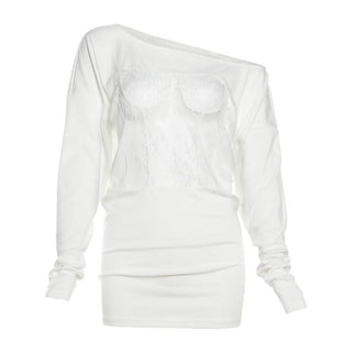Irregular long sleeve lace see through solid top