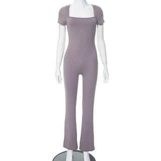 Short sleeve square neck zip-up solid jumpsuit