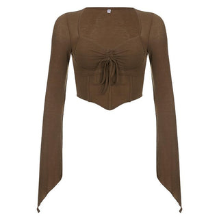 Long sleeve solid drawstring ruched self tie crop top