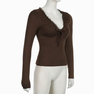 V neck long sleeve lace hem ruched bowknot top
