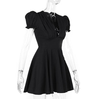 Short puff sleeve ruffle v neck self tie mini dress