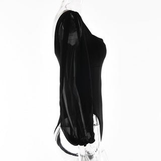 Solid v neck long sleeve mesh backless bodysuit