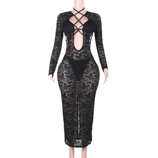 Lace long sleeve hollow out cross front cut out maxi dress