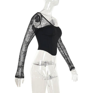 One shoulder long sleeve patchwork lace top
