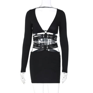 Long sleeve v neck adjustable o ring mini skirt set