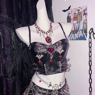 PU leather heart applique v neck backless cami top