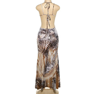 Hollow out snakeskin print halter self tie cut out maxi dress