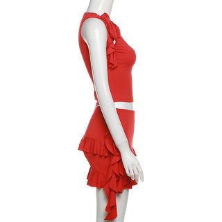 Crewneck ruffle solid self tie mini skirt set
