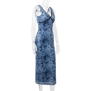 V neck lace hem print mesh knotted midi dress