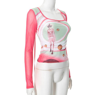 Square neck long sleeve cross back self tie print top