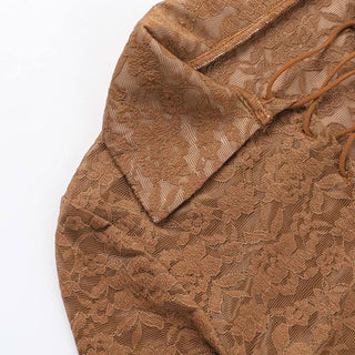 Turnover collar long sleeve lace up lace crop top