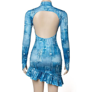 Ruffle long sleeve denim print backless high neck mini dress