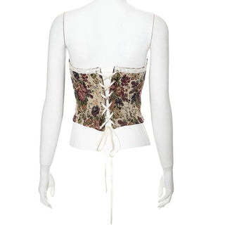 Lace hem bowknot ribbon textured lace up tube top