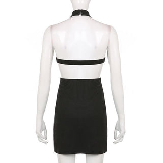 Sleeveless solid halter hollow out backless button cut out mini dress
