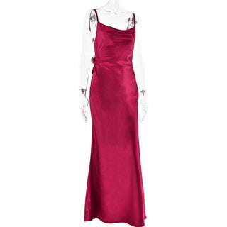 Cowl neck satin flower applique backless cami maxi dress