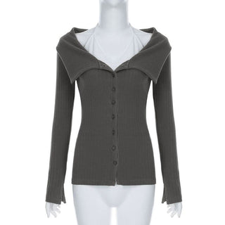 Long sleeve turnover collar halter button 2 piece top