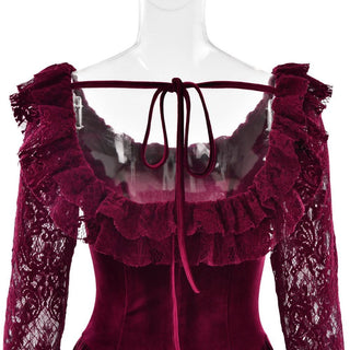 Long sleeve lace velvet self tie mini dress