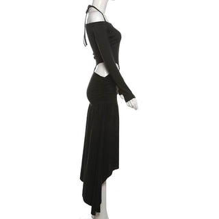 Halter long sleeve off shoulder hollow out cut out maxi dress