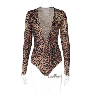 Leopard print deep V neck long sleeve button bodysuit