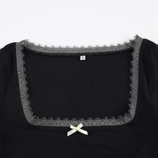 Short sleeve halter lace hem bowknot ribbed 2 piece top
