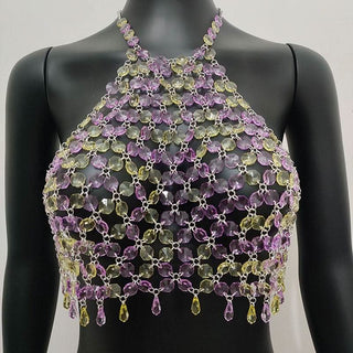 Halter hollow out crystal beaded crop cut out top