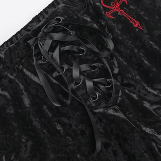 Lace up velvet embroidery medium rise pant