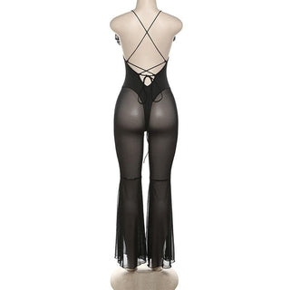 Flower applique ruffle lace up mesh cami jumpsuit
