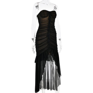 Sweetheart neck ruched ruffle tube midi dress-final-sale