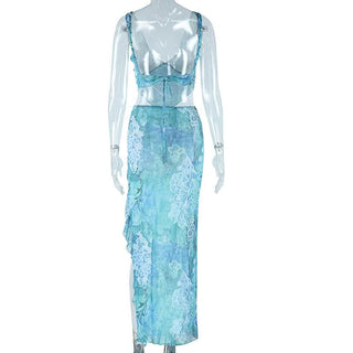 V neck slit knotted cami maxi skirt set