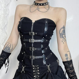 PU leather patchwork buckle zip-up tube top