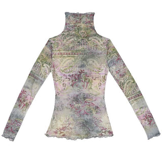 High neck long sleeve print ruffle contrast top