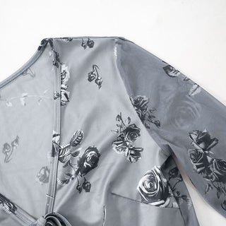 Long flared sleeve v neck self tie ruffle flower print top