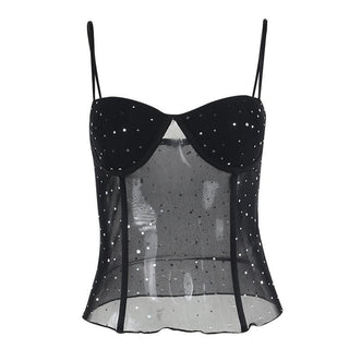 Sweetheart neck ruffle glitter backless stitch mesh cami top
