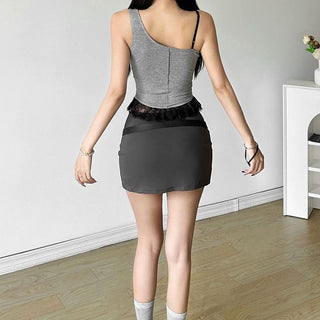 Irregular lace hem hollow out stitch patchwork cut out top