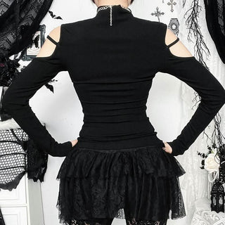 High neck long sleeve hollow out cross metal cut out top